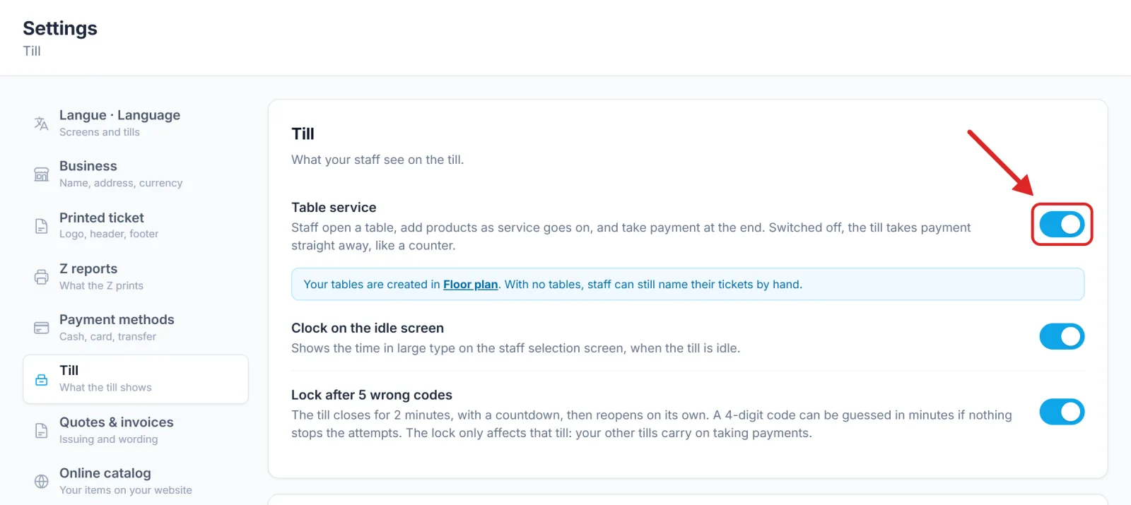 The Table service switch, under Settings › Till