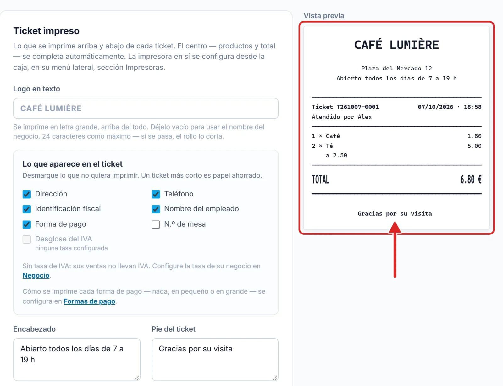 La vista previa del ticket, que sigue lo que usted escribe