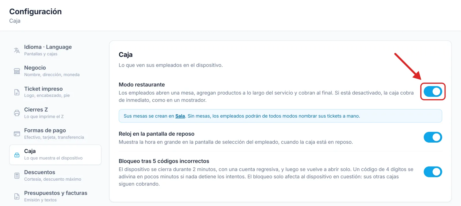 El interruptor Modo restaurante, en Configuración › Caja