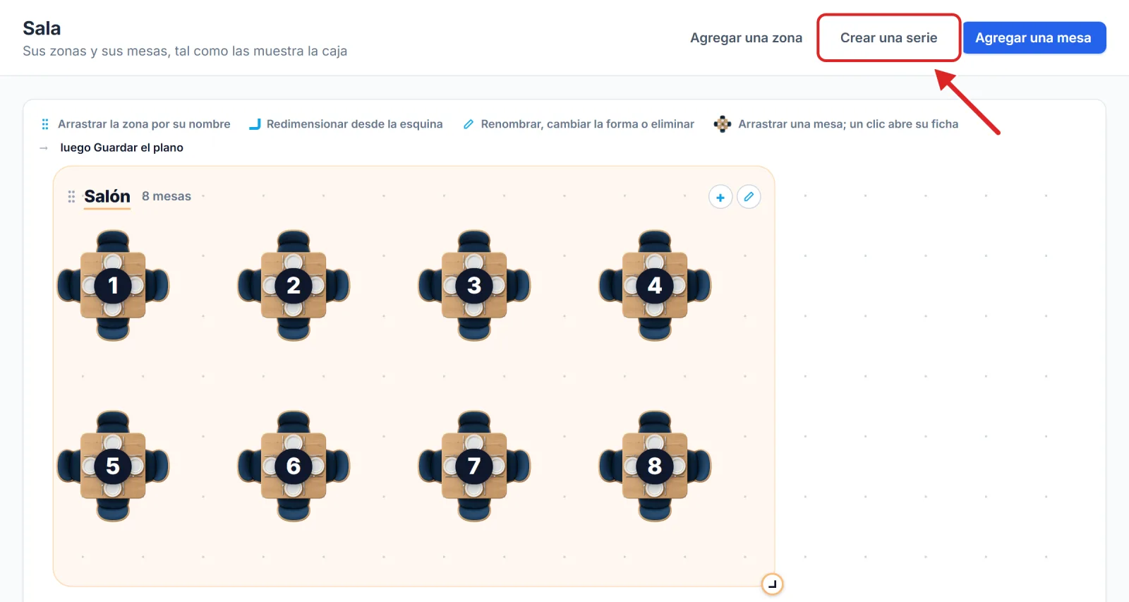 El plano de sala del Café Lumière y sus ocho mesas