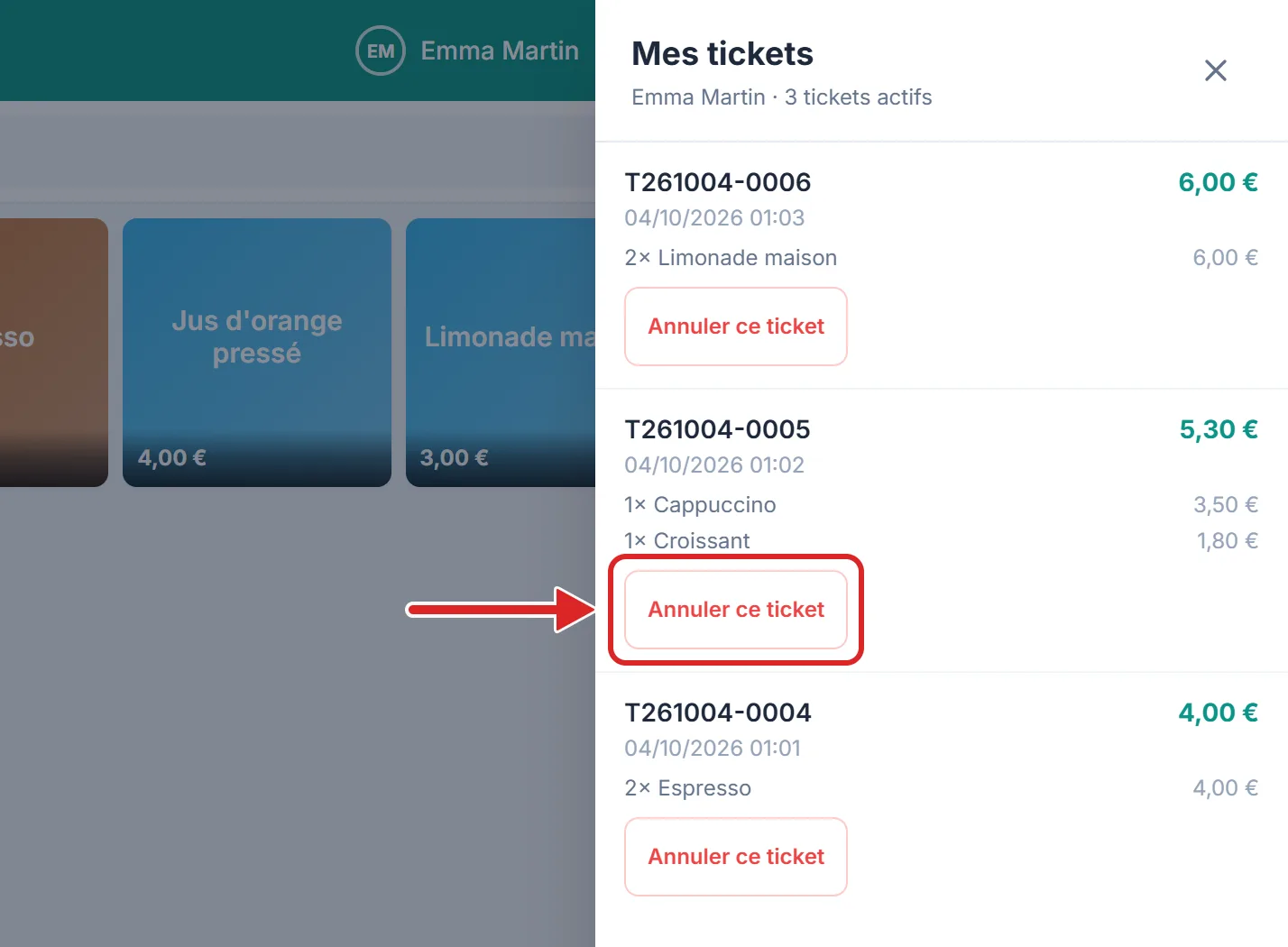 La liste « Mes tickets » de la caisse