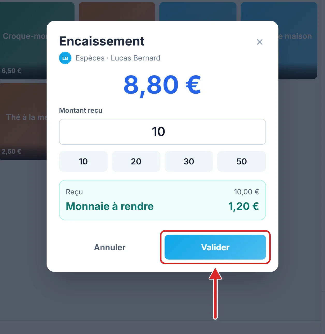 La fenêtre d'encaissement, avec la monnaie à rendre