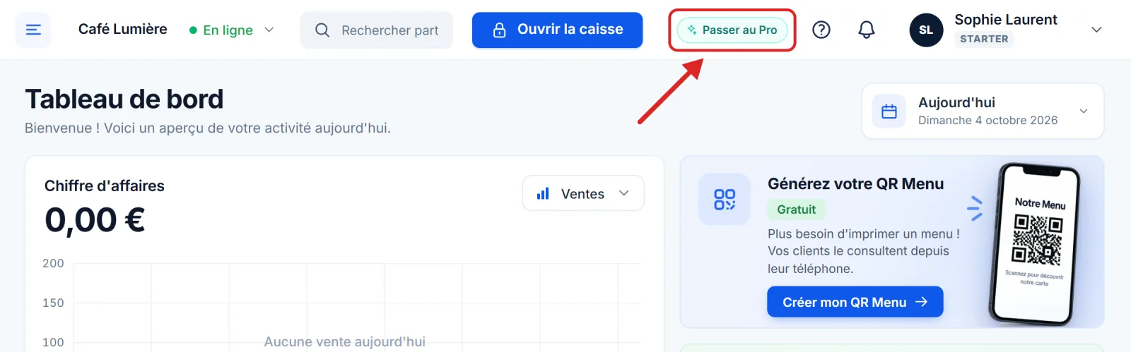 La barre du haut d'un compte Starter, avec le bouton Passer au Pro