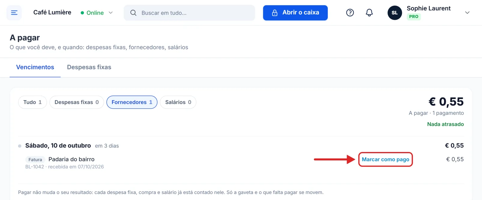 A lista A pagar, com uma fatura de fornecedor a quitar