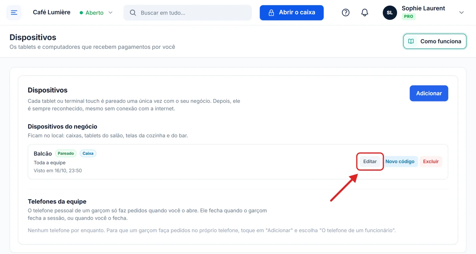 O dispositivo pareado, com seu posto e o botão Editar