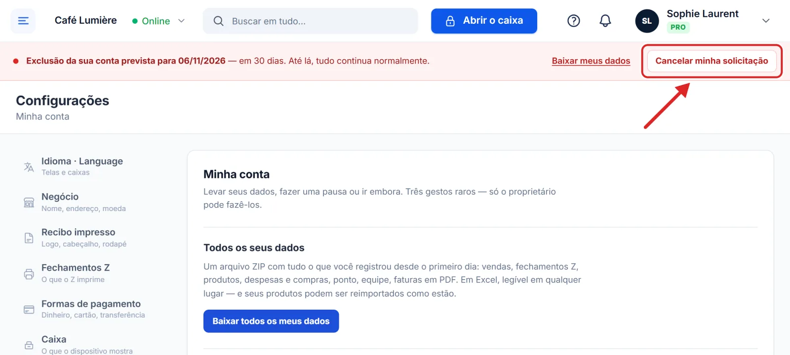 A faixa de uma exclusão solicitada, com o botão Cancelar minha solicitação