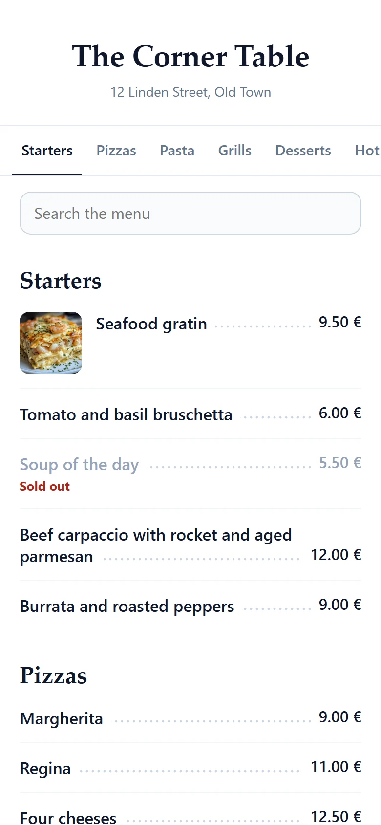 A restaurant menu as it opens on a customer's phone: the name and address of the business, the sections, a search bar, and every dish linked to its price — with one dish marked sold out.