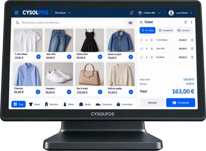 Borne de caisse tactile affichant l'écran de vente CYSOL