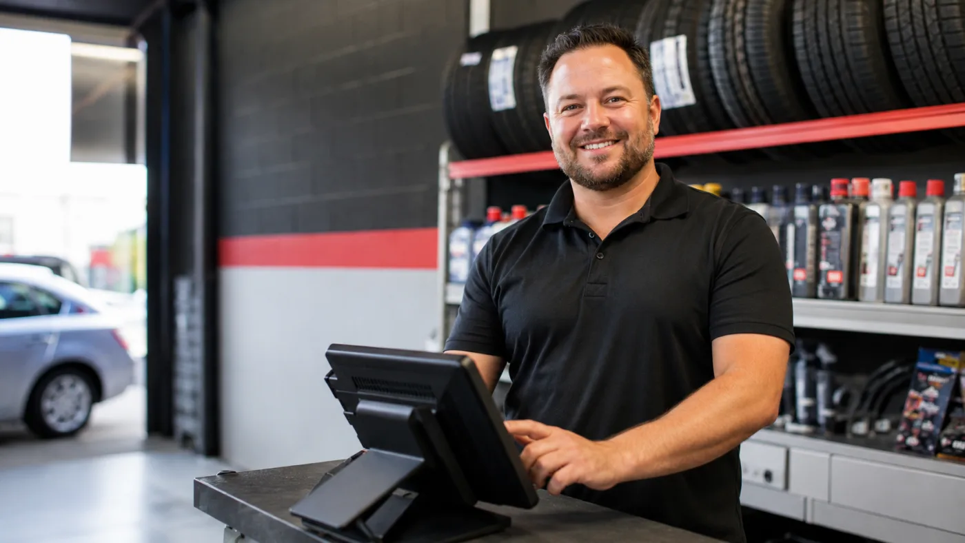 At a car service centre counter, an assistant takes payment on a touchscreen till, in front of the tyres and oil cans.