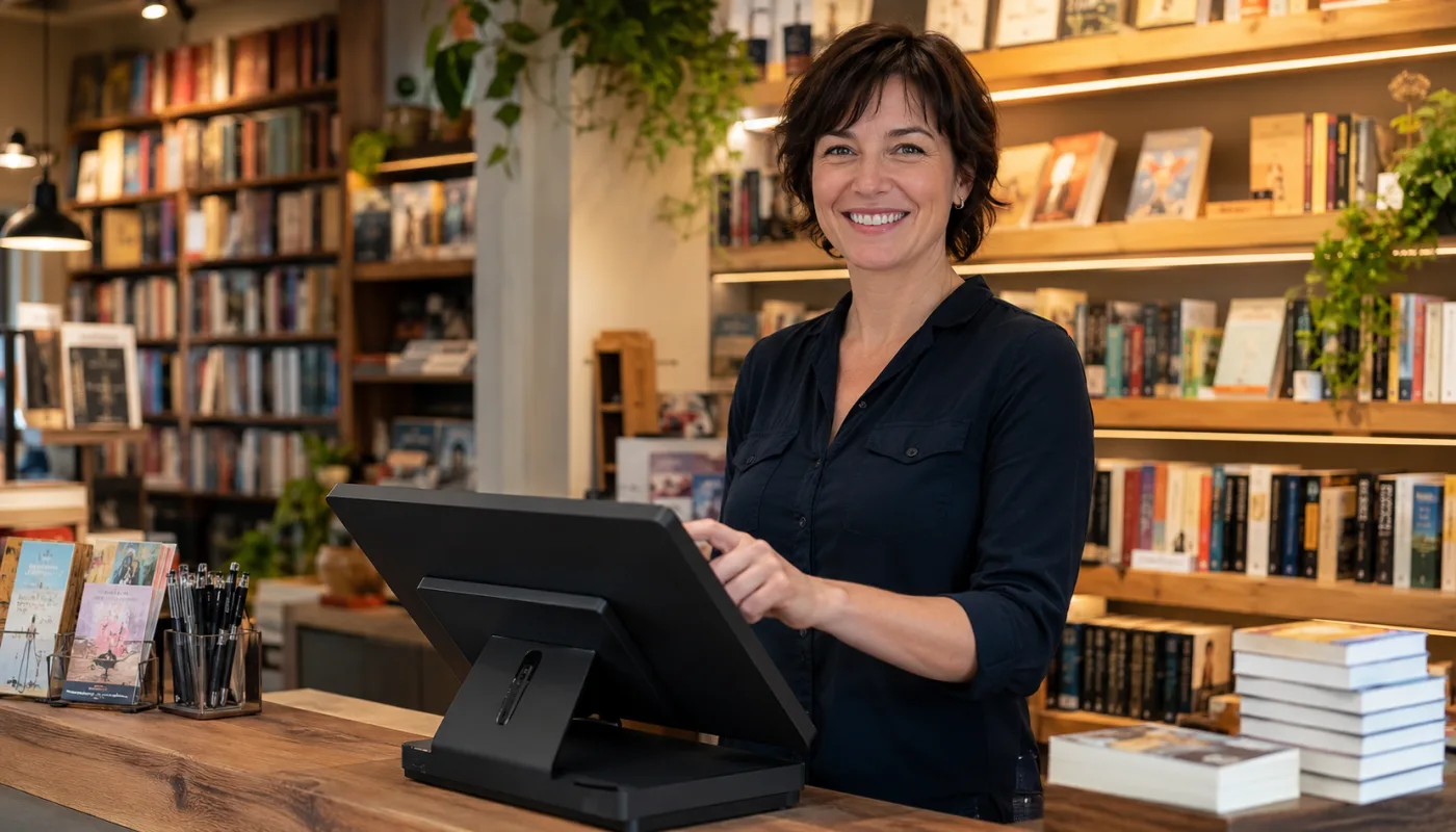 In a bookshop, a shopkeeper takes payment on a touchscreen till, in front of the shelves of books.