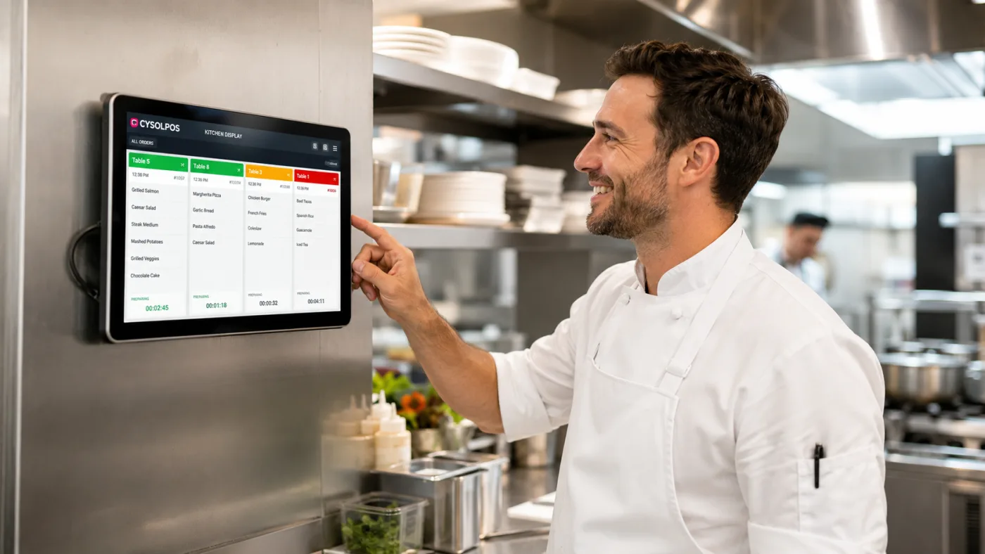 En cuisine, un chef valide une commande sur l'écran CYSOL fixé au mur, entre les plats en préparation.