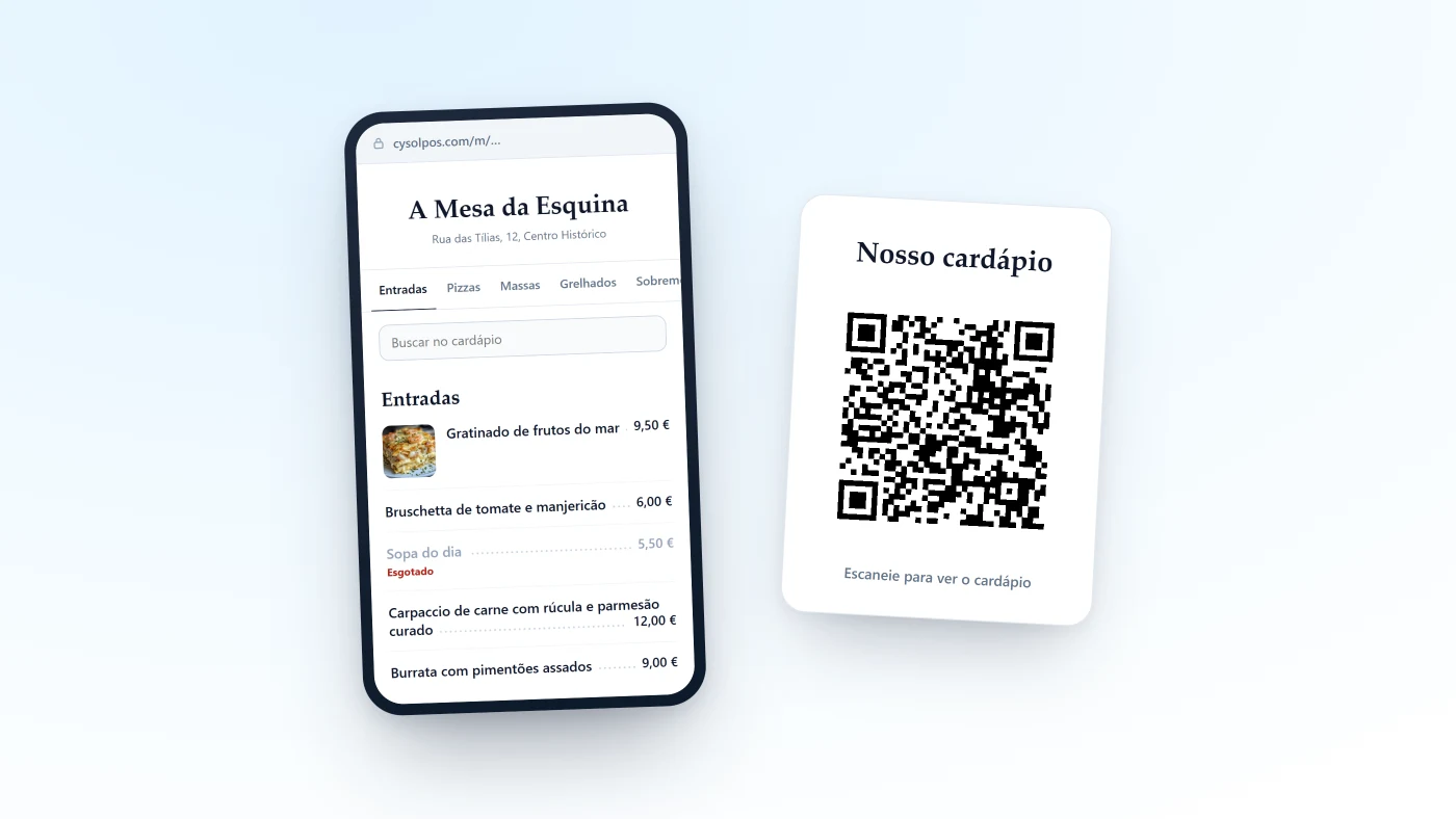 O cardápio de um restaurante aberto em um celular e, na frente dele, o cartão de mesa impresso com o QR Code.